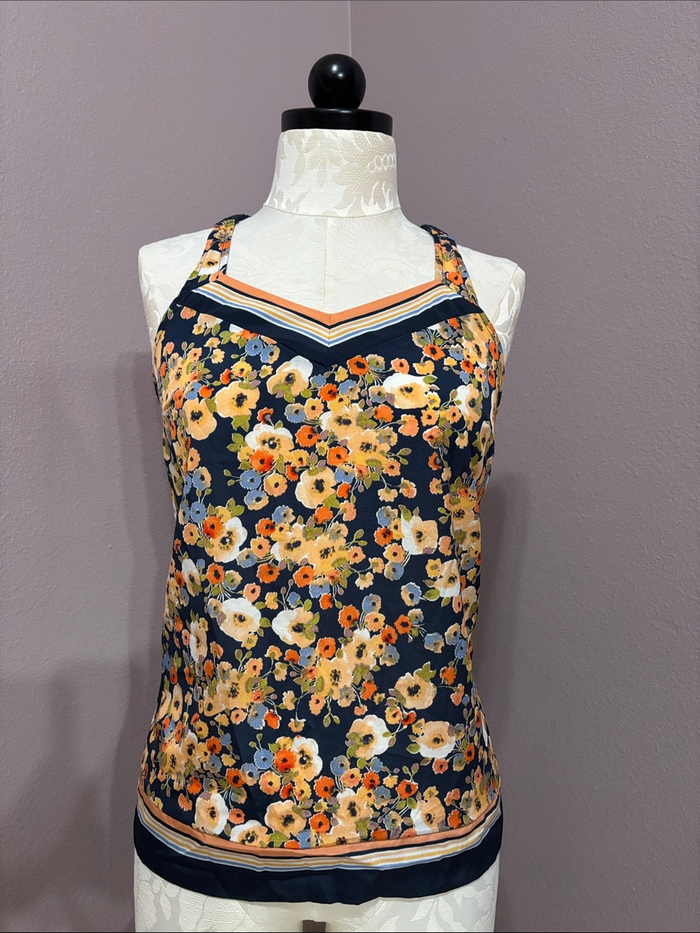 Navy Floral Strappy Tank Top with Orange Accents
